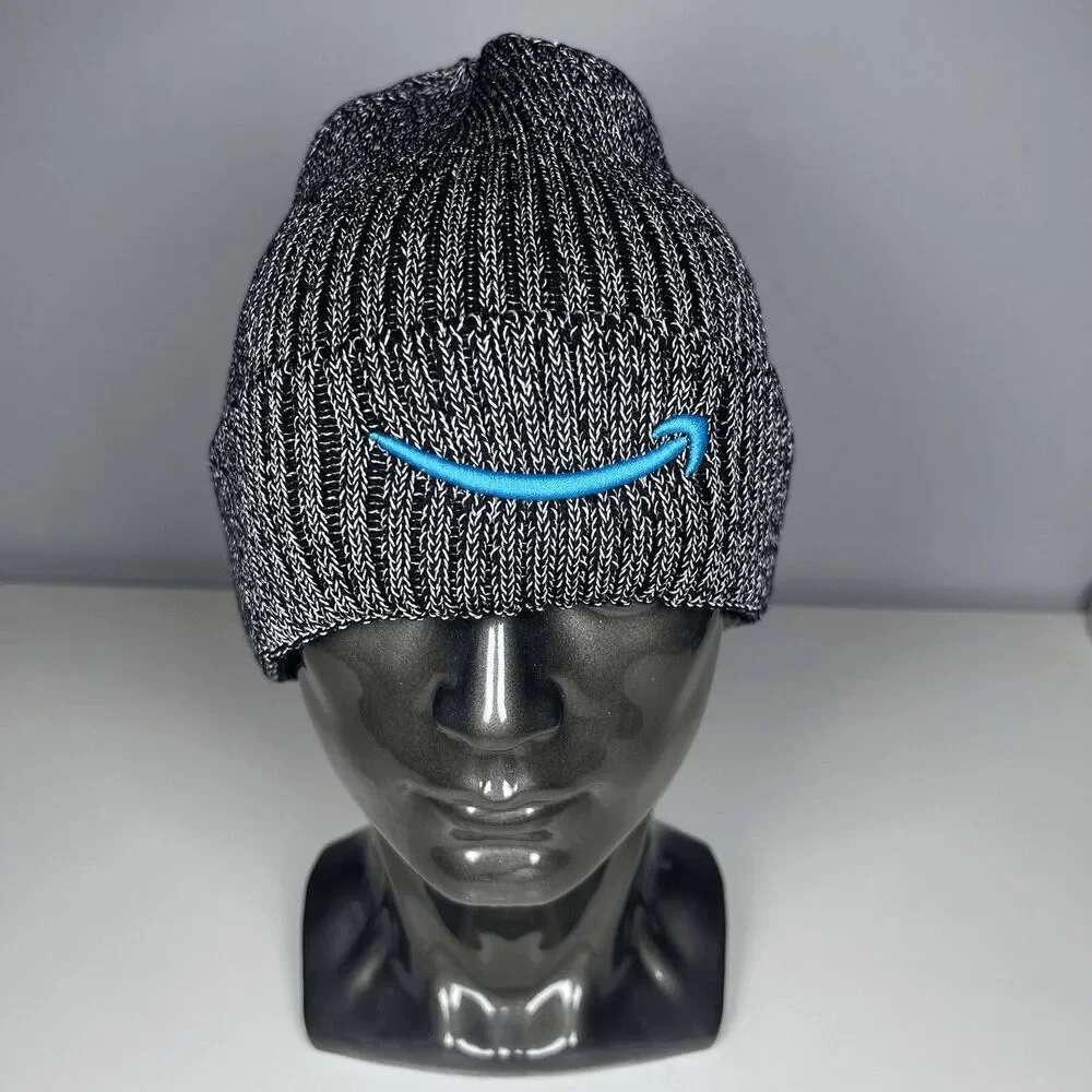 Amazon Beanie Hat One Size Black White Knit Warehouse Smile Logo